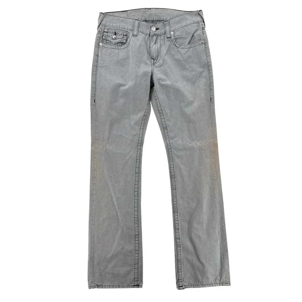 True Religion Jeans Mens 32 Gray Straight Rising Smoke Flap Pockets Distress NWT